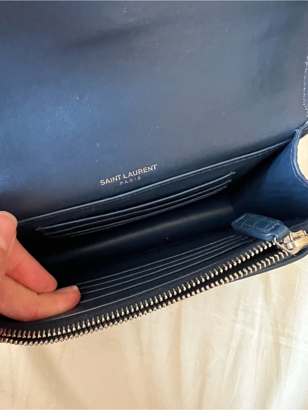 Saint Laurent Small Sunset Bag in Denim Blue Croc-Embossed Leather - Picture 13 of 16